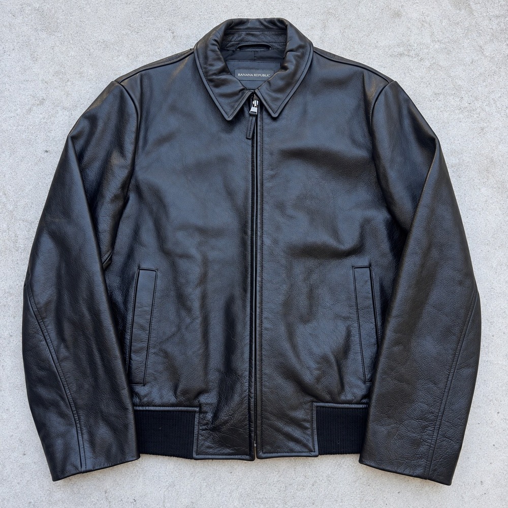 Banana Republic Black Genuine Leather Bomber Jacket Full Zip Collared M Vintage